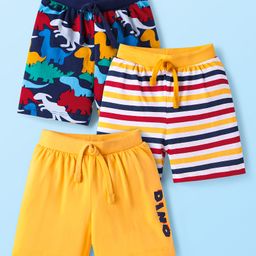 Babyhug Single Jersey Shorts with Stripes & Dino Print Pack of 3 - Yellow & Navy Blue-image-39