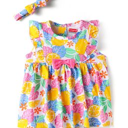 Babyhug 100% Cotton Knit Sleeveless Printed Onesies With Hairband - Yellow-image-89