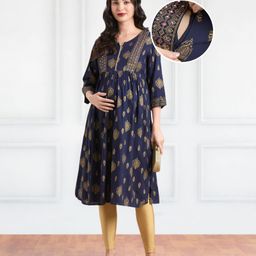 Bella Mama Woven Three Fourth Sleeves Kolka Printed Maternity Kurta With Pocket - Navy-picture-21