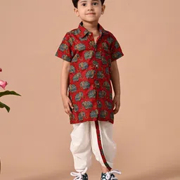 MoMaa Cotton Half Sleeves Elephant Motifs Printed Shirt With Dhoti Set - Red & White-picture-45