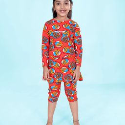 Kiddopanti Full Sleeves All Over Pomegranates Printed Jammer Swim Dress - Multi Color-image-34