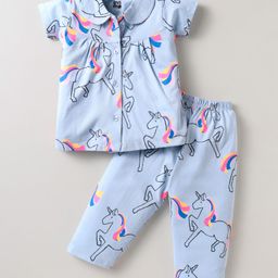 Evimo Single Jersey Knit Half Sleeves Co-ord Night Suit With Unicorn Print - Light Blue-image-10