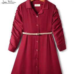 Arias Cotton Woven Full Sleeves Shirt Dress With Braided Glitter Belt - Maroon-image-32