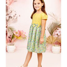 Tiny Twills Rayon Half Sleeves Schiffli Embroidered & Floral Printed Dress - Yellow-image-14