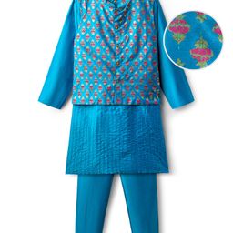 EARTHY TOUCH Woven Full Sleeves Kurta Pyjama Set With Foil Printed Nehru Jacket - Teal Blue-image-16