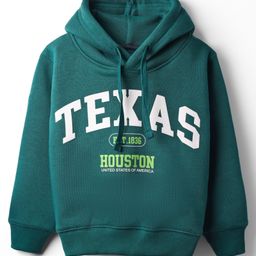 Doreme Fleece Knit Full Sleeves Hooded Sweatshirt With Texas Print - Teal Blue-image-93