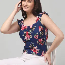 clobug Women Floral Printed Sweetheart Neck Crepe Top-image-71