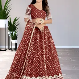 F Plus Fashion Girls Maroon Net Semi-Stitched Lehenga Choli-image-61