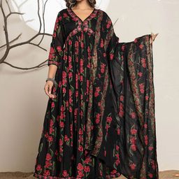 CHETI Floral Printed Empire Anarkali Thread Work Kurta With Trousers & Dupatta-image-51