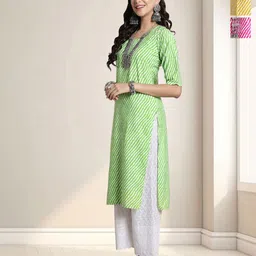 HERE&NOWSelection Of 3 Leheriya Printed Round Neck Straight Kurta-image-69