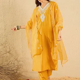 Indo Era Women Ethnic Motifs Embroidered Regular Thread Work Kurta with Trousers & With Dupatta-image-81