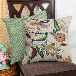 IVAZA Green & Beige Set of 2 Floral Square Cushion Covers-22