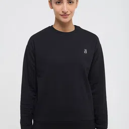 Hunnit Women Crew Neck Relaxed Fit Drop Shoulder Sleeves Cotton Sweatshirt-picture-1