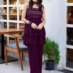 SANCIA Women Embroidered Layered Sequinned Kurta with Palazzos & With Dupatta-2