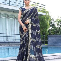 Lookmark Floral Printed Pure Georgette Saree with Blouse Piece-picture-56
