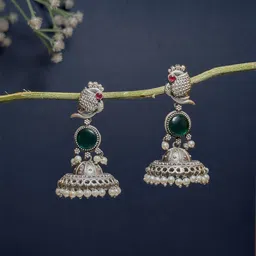 NAMAN ARTS Silver-Plated Artificial Stones Studded Oxidised Dome Shaped Jhumkas-28