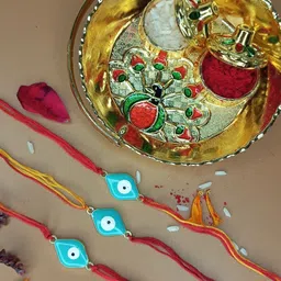 Anouk Set Of 3 Evil Eye Rakhi With Quirky Card, Roli & Thali-29