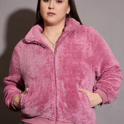 SASSAFRAS Curve Women Mock Collar Self Design Faux Fur Plus Size Casual Tailored Jacket-picture-19