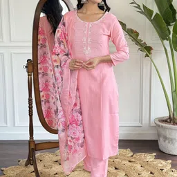 KALINI Floral Embroidered Round Neck Kurta With Trousers & Dupatta-image-40
