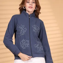 Juelle Women Floral Self Design Mock Collar Front-Open Sweatshirt-39