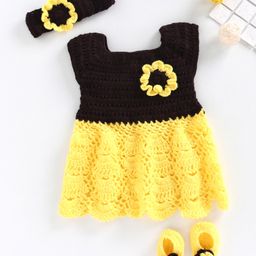 USHA ENTERPRISES Short Sleeves Sunflower Applique Dress With Headband & Booties - Yellow-image-56