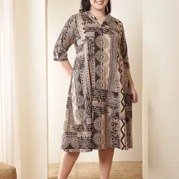 Amydus Plus Size Brown Black Printed Cotton Midi Dress-image-26
