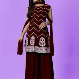 PARROT CREATION Floral Embroidered Georgette Kurti With Sharara And Dupatta-image-92