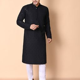 NFC CREATION Floral Embroidered Mandarin Collar Straight Sequinned Kurta With Pyjamas-71
