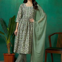 AMRUTVARSHA CREATION Floral Printed Pure Cotton A-Line Kurta With Trousers & Dupatta-picture-18