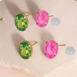 ORANGENYSHA Set Of 2 Korean Gold-Plated Crystal Studded Oval Shaped Studs-picture-6