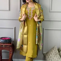 NIZA FASHION Women Embroidered Regular Chanderi Silk Kurta with Trousers & With Dupatta-picture-15
