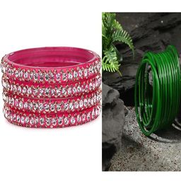 SOMIL Set Of 16 Pink & Green Artificial Stones Beaded Glass Bangles-image-27