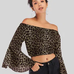LULU & SKY Women Animal Print Off-Shoulder Bell Sleeve Bardot Crop Top-picture-7