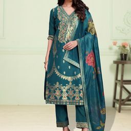 MOJILAA Women Ethnic Motifs Beads and Stones Chanderi Silk Kurta Trousers With Dupatta-image-50