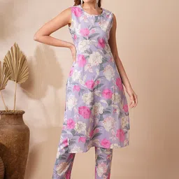 FASHOR Floral Printed Round Neck Pure Cotton Tunic With Trousers-image-82