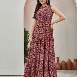 Chandbaali Women Georgette Ethnic Motifs Printed Tie-Up Neck Fit & Flare Maxi Dress-image-82