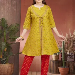 Sangria Girls Ethnic Motifs Printed Notch Neck Pure Silk A-Line Kurta & Trouser-picture-44