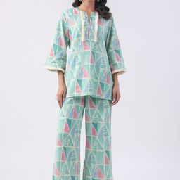 JISORA Printed Pure Cotton V-Neck Tunic & Trousers Co-Ords-image-59