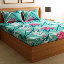 florida Sky Blue Floral 200 TC Poly Cotton 1 Double Bedsheet with 2 Pillow Covers-picture-19
