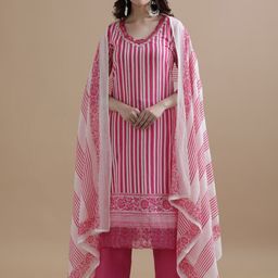Jaipur Kurti Women Striped Regular Thread Work Pure Cotton Kurta with Trousers & With Dupatta-image-107