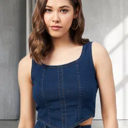 all about you Women Solid Sleeveless Cotton Denim Crop Top-image-15