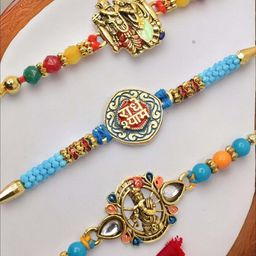 MEIRA JEWELLERY Set Of 3 Lord Radha Krishna Rakhi With Greeting Card Gift Set-image-62