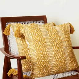 Aura Yellow & Beige 2 Pieces Geometric Textured Pure Cotton Square Cushion Covers-picture-55