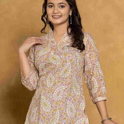 Aralia Floral Printed V-Neck Pure Cotton Kurti-image-67