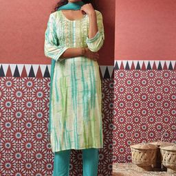 KOTHOTYA Women Dyed Regular Kurta with Trousers & With Dupatta-image-97