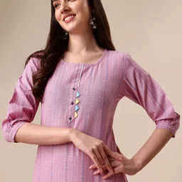 DIVASTRI Striped Round Neck Beads and Stones Straight Kurta with Trousers-image-63