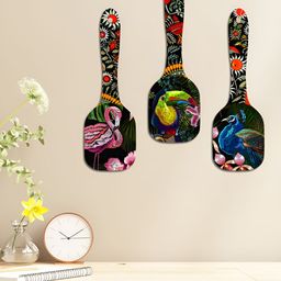 ArtVibes Green & Blue 3 Pieces Birds Floral Art Wooden Wall Hangings-picture-33