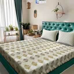 KLOTTHE Olive & White Floral Printed Cotton 400 TC King Bedsheet Sets 2.5 m x 2.25 m-image-98