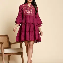 CHETI Women Embroidered Pure Cotton Dobby A-Line Dress-picture-15