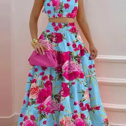 Outzidr Printed Square Neck Top With Skirt Co-Ords Set-picture-3